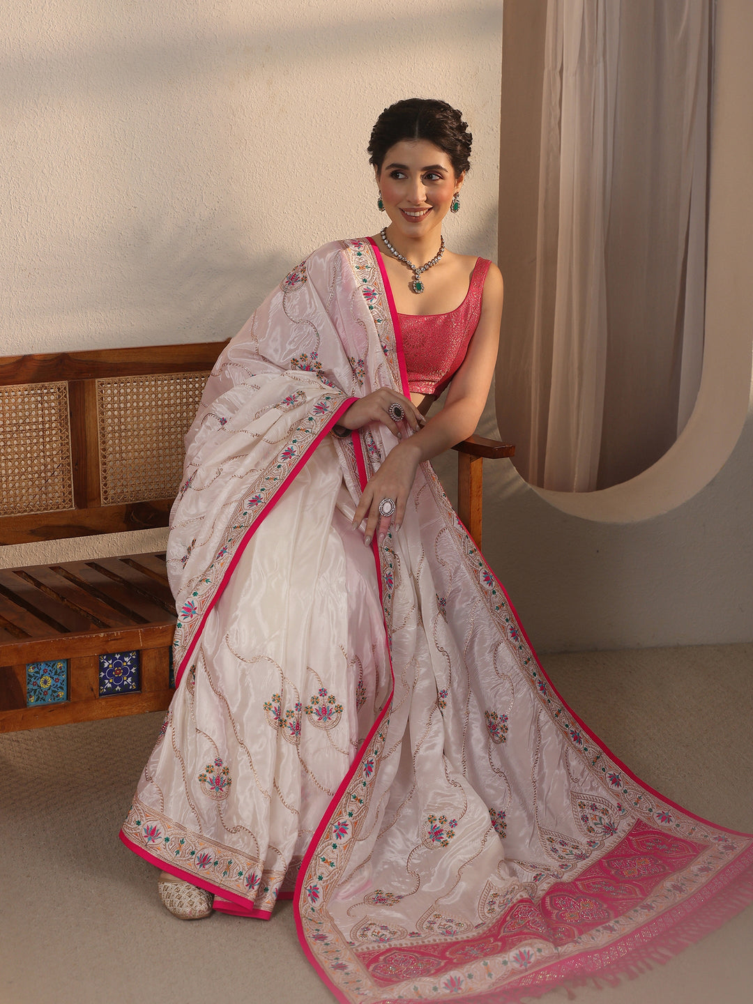 Libas Cream Floral Embroidered Satin Tassel Saree 