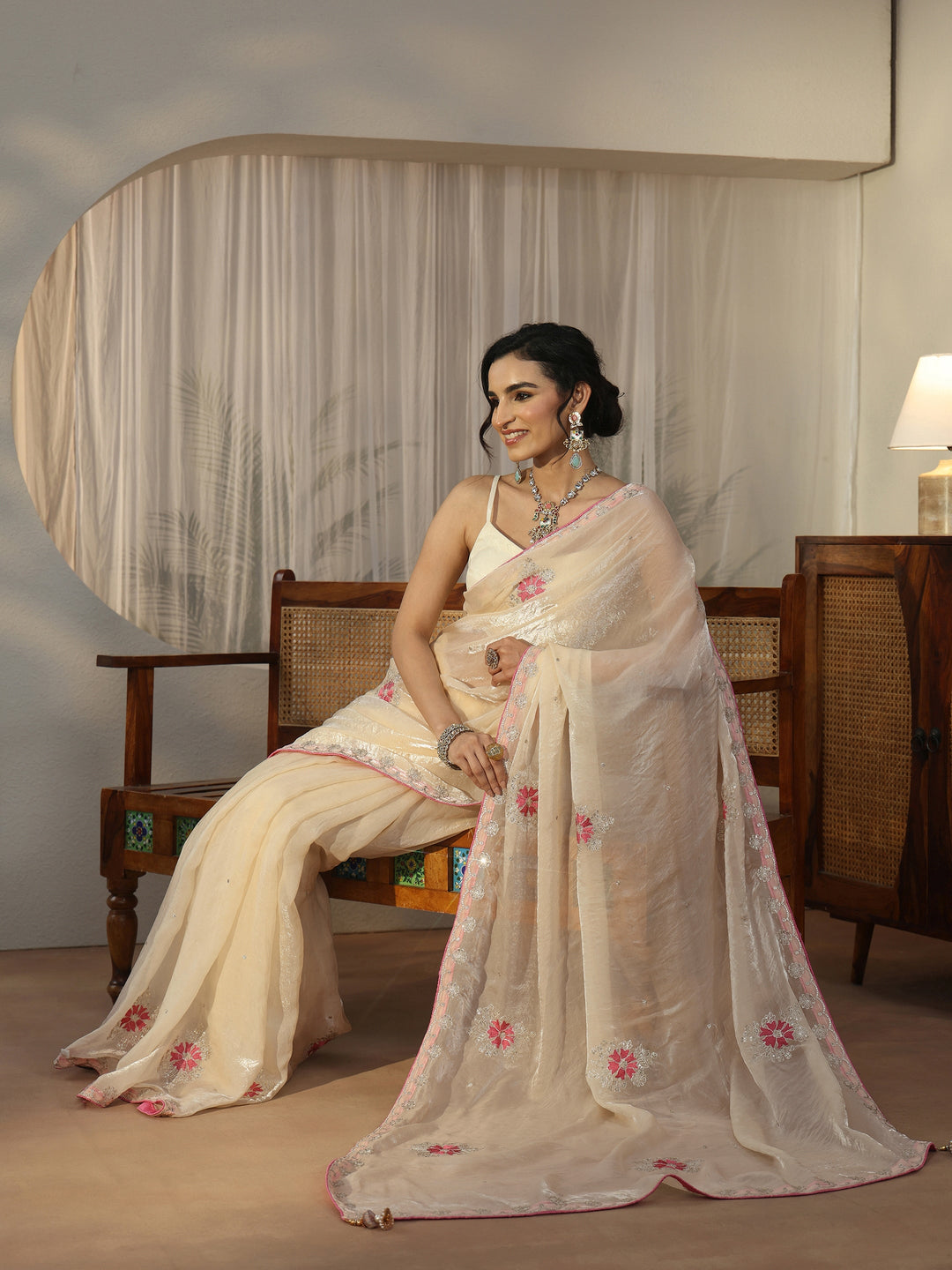  Libas Cream Floral Embroidered Tissue Saree 