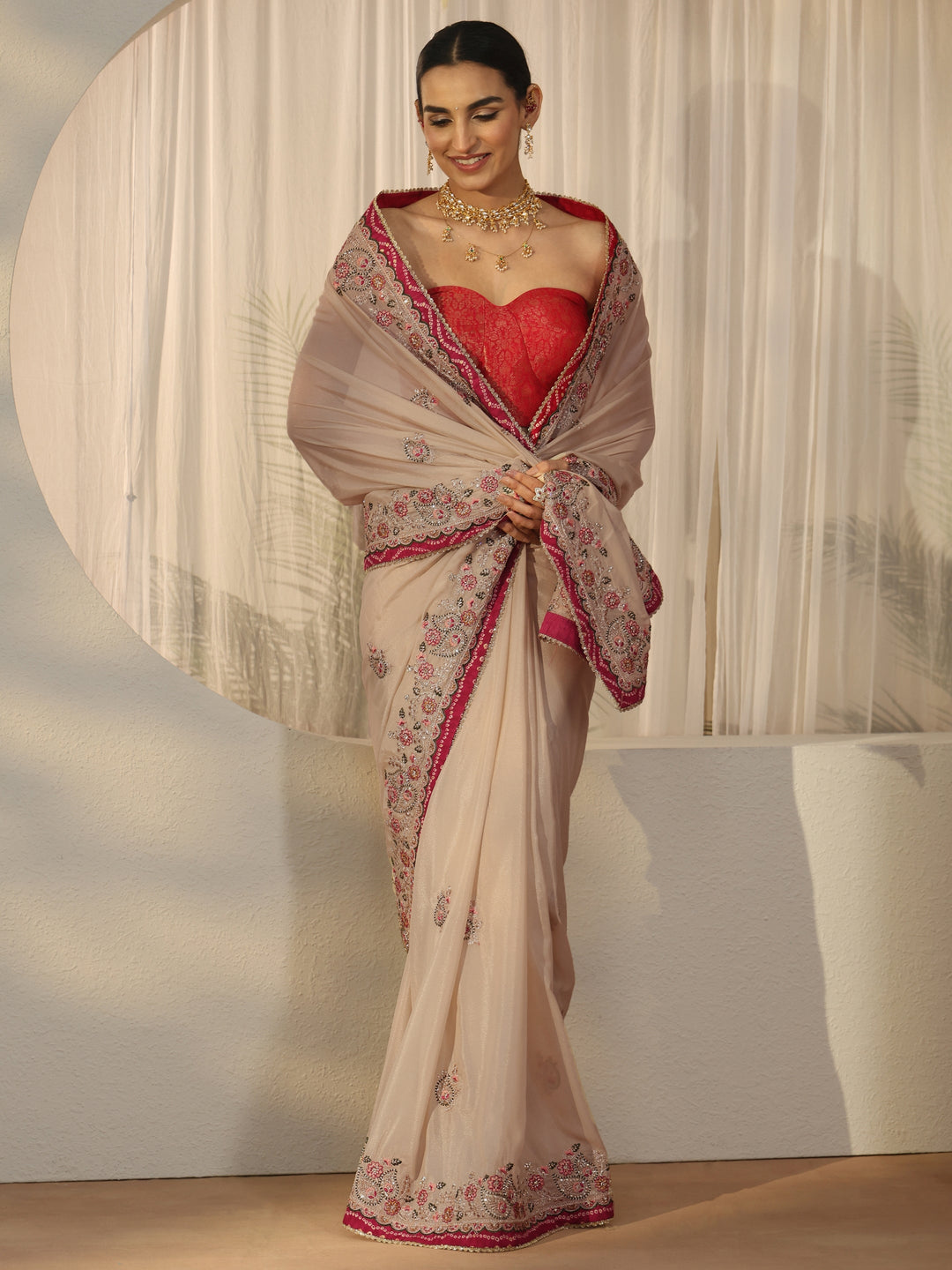  Libas Cream Floral Embroidered Tissue Saree 