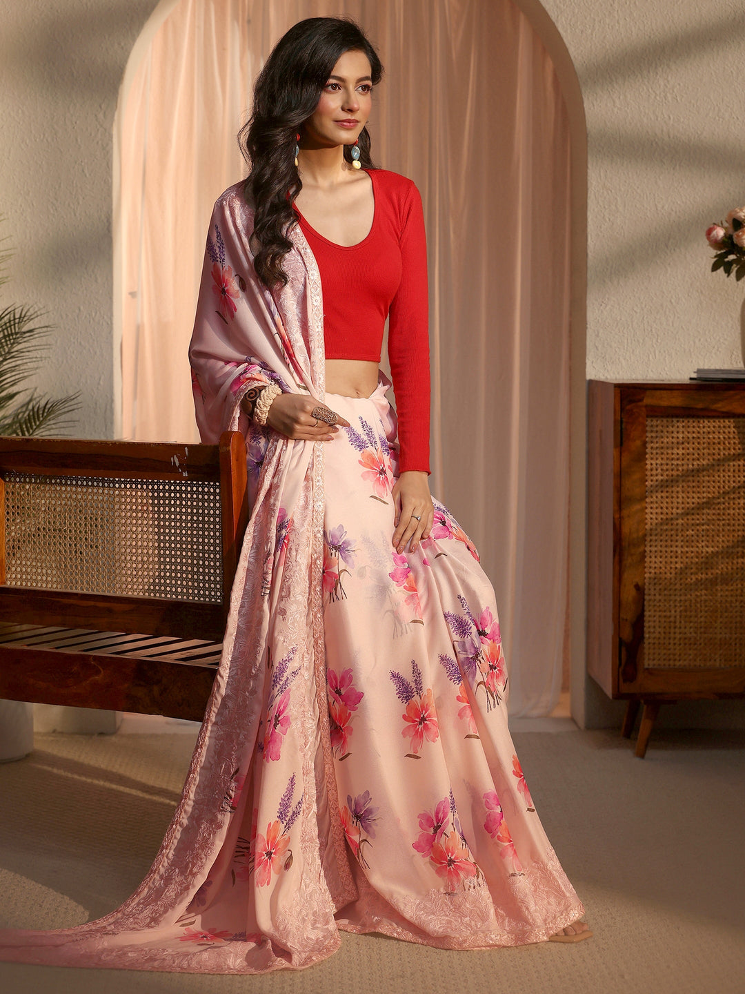 Libas Cream Floral Printed Chiffon Saree with Embroidered Border