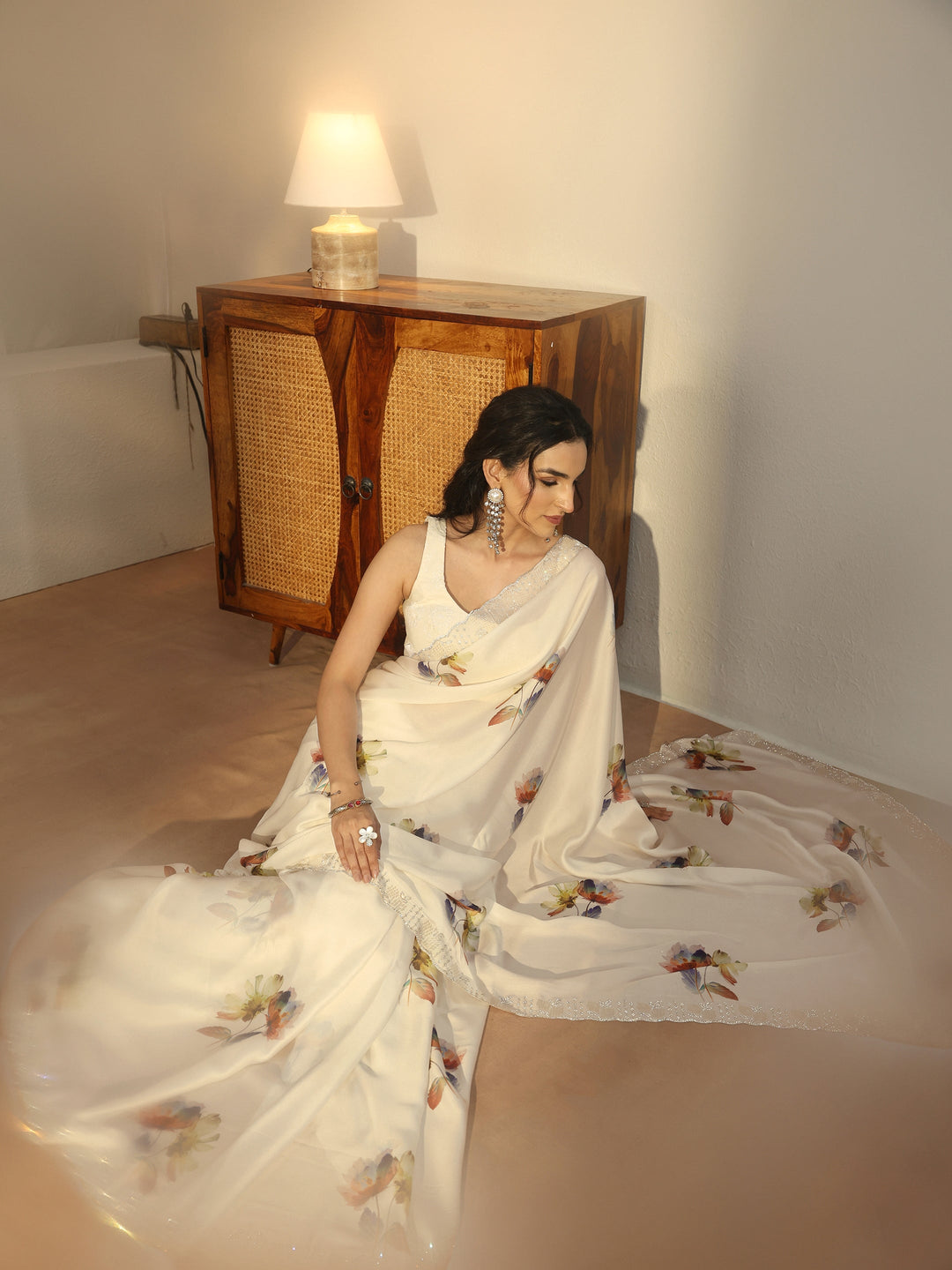  Libas Cream Floral Printed Satin Saree with Embellished Border 