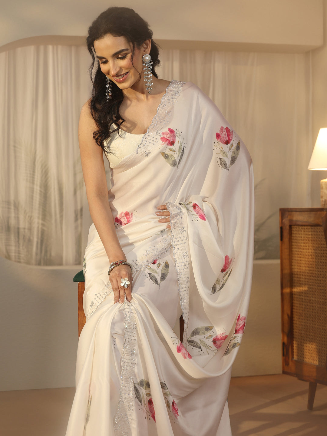  Libas Cream Floral Printed Satin Saree with Embellished Border 