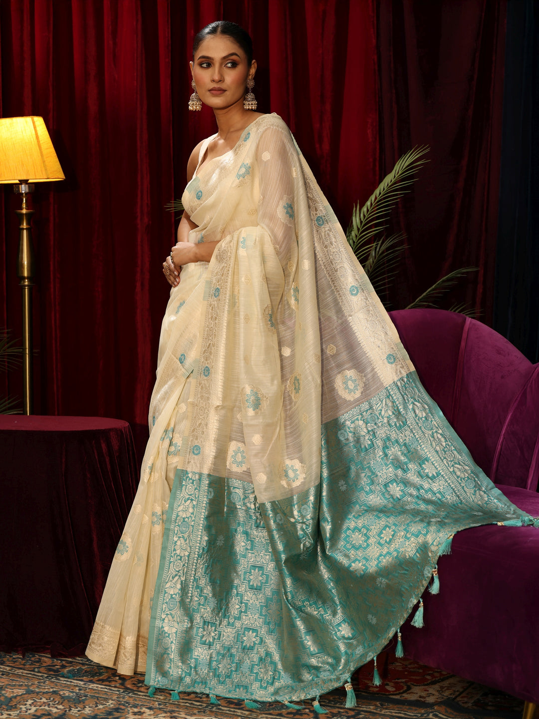  Libas Cream Floral Woven Design Silk Blend Tassel Saree 
