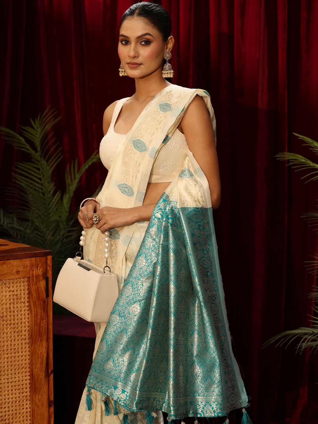  Libas Cream Floral Woven Design Silk Blend Tassel Saree 