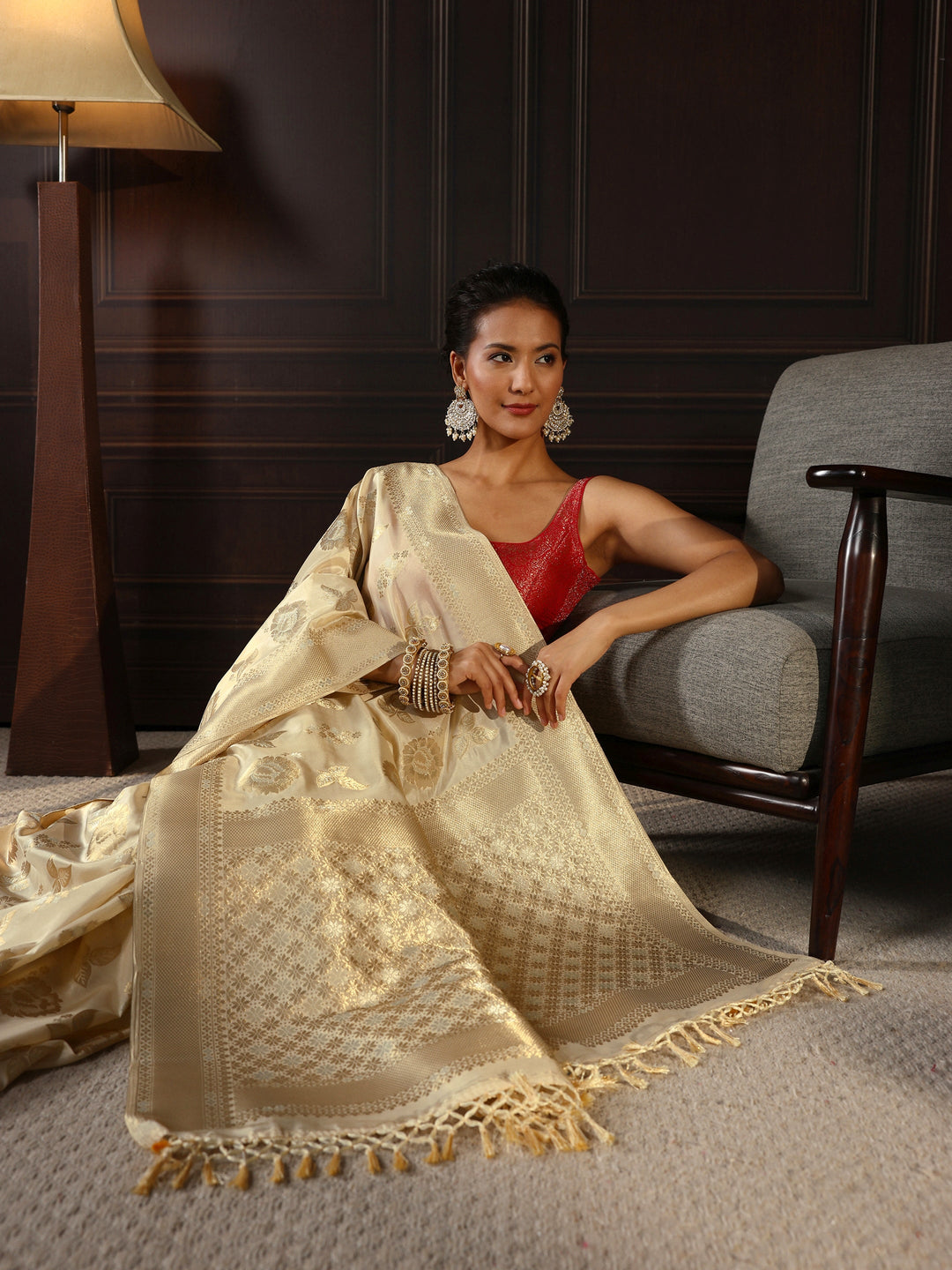Libas Cream Floral Woven Design Silk Blend Tassel Saree