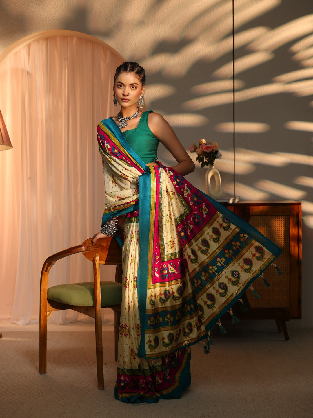  Libas Cream Patola Printed Silk Blend Saree 