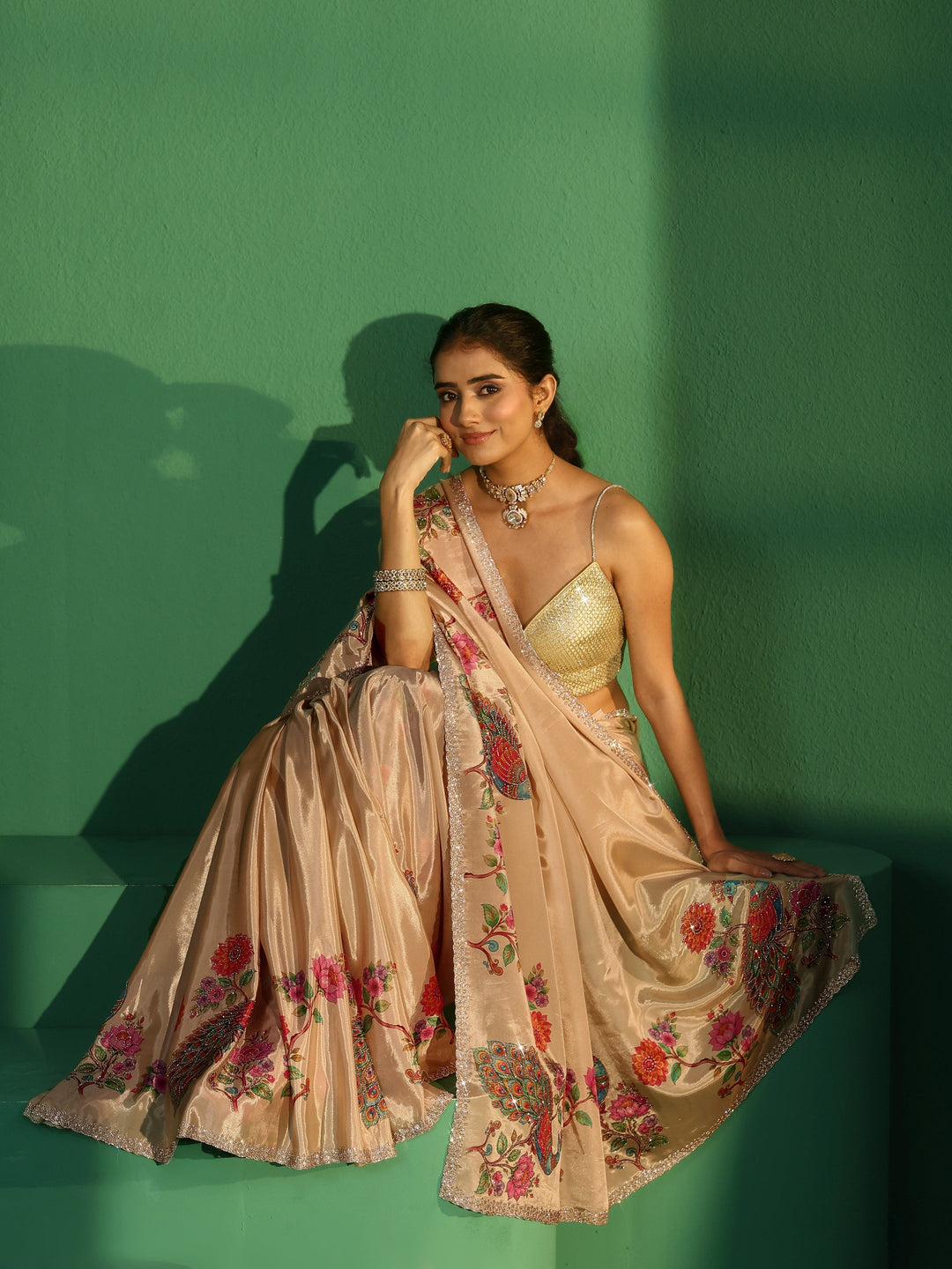  Libas Cream Peacock Printed Satin Saree with Embellished Border 