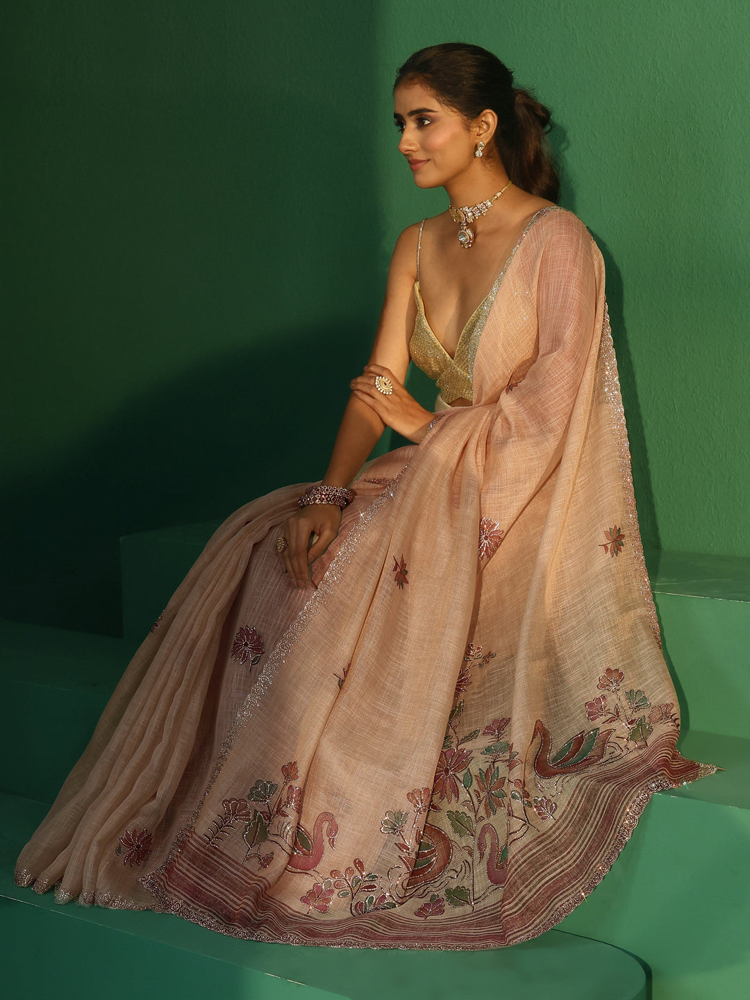  Libas Cream Printed Organza Saree with Embellished Border 