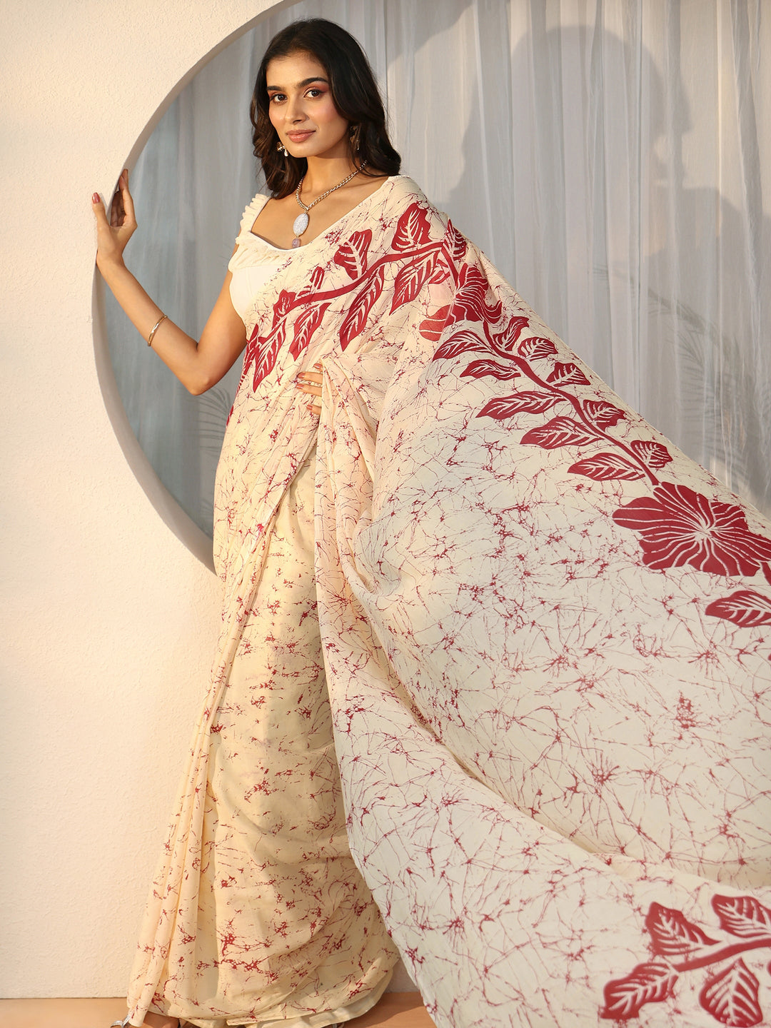  Libas Cream Screen Printed Floral Cotton Saree 