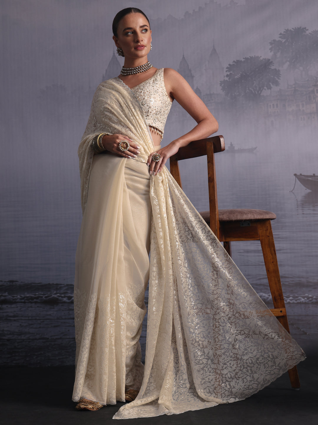 Libas Cream Sequin Embellished Chiffon Saree 