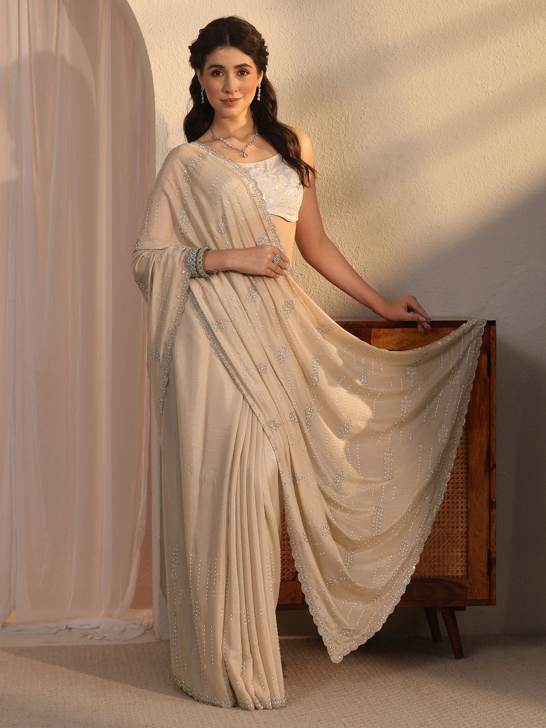 Libas Cream Stone Work Embellished Satin Saree with Scalloped Border 