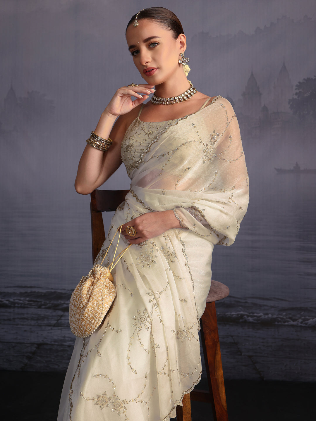  Libas Cream Stone Work Embellished Tissue Saree with Scalloped Border 