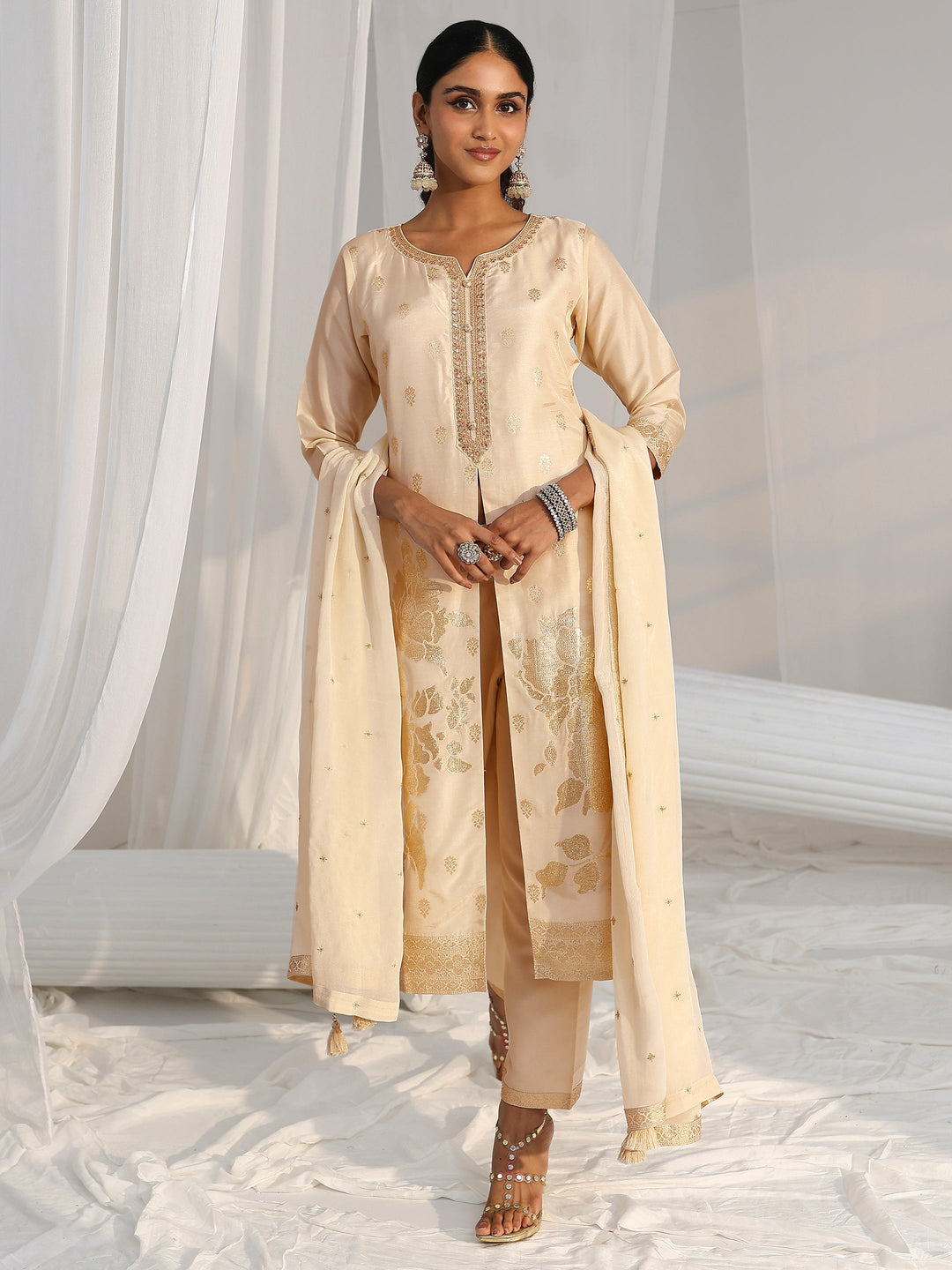  Libas Cream Woven Design Front Slit Silk Blend Straight Suit Set 