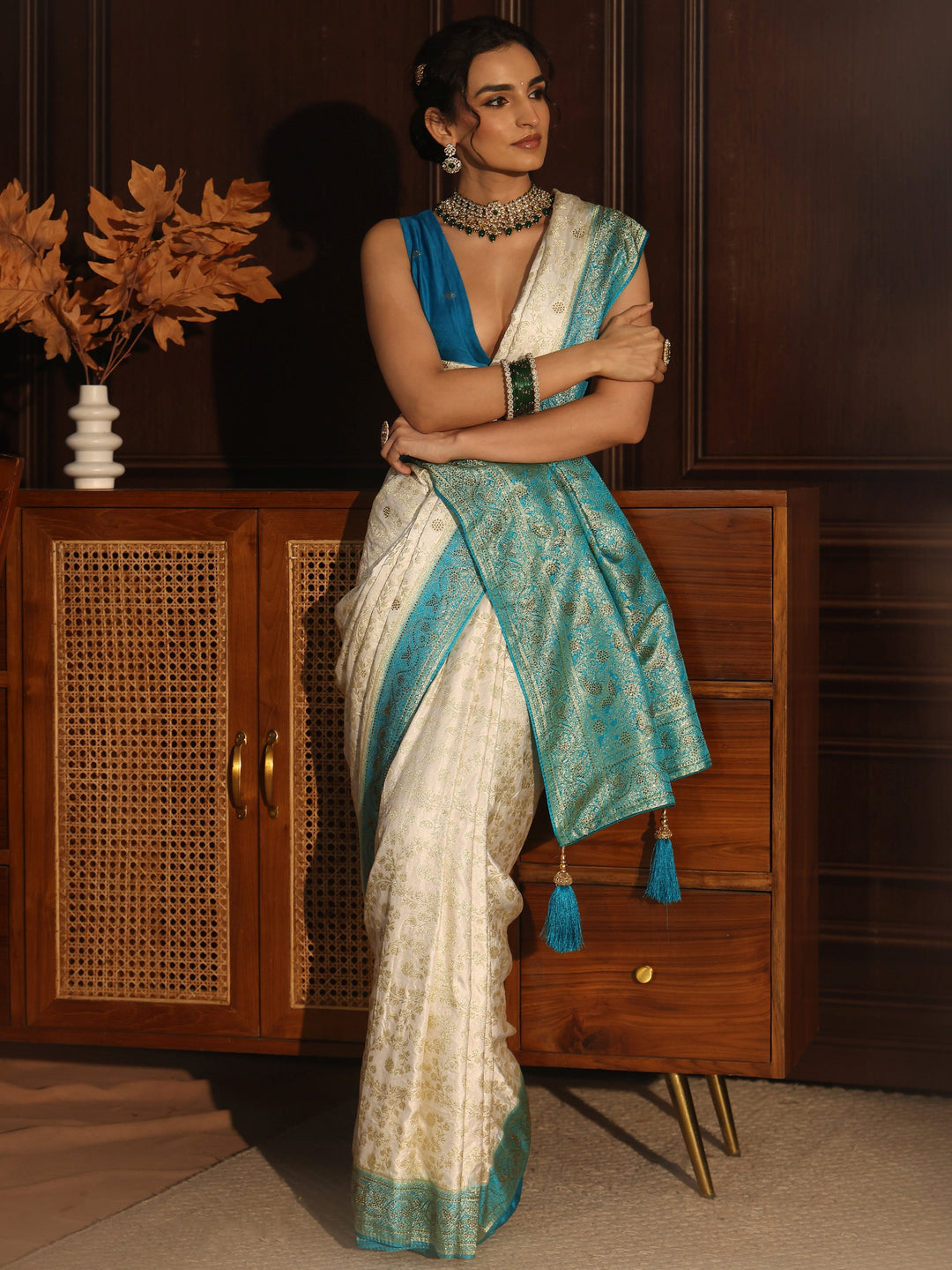 Libas Cream and Blue Floral Woven Design Silk Blend Saree