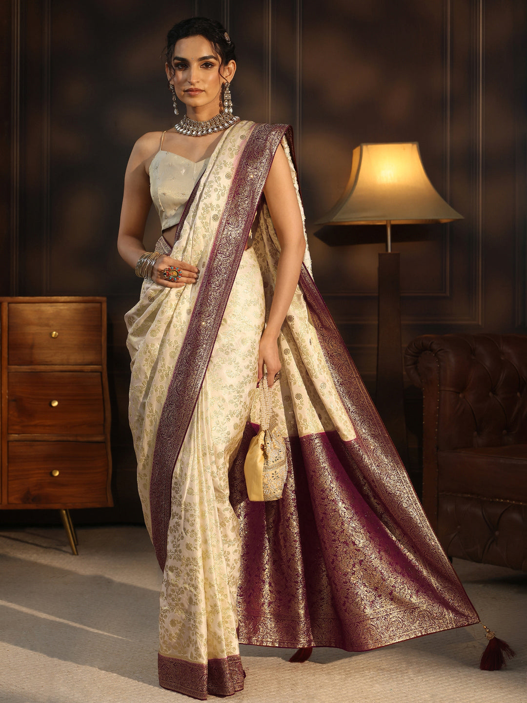 Libas Cream and Maroon Floral Woven Design Silk Blend Saree