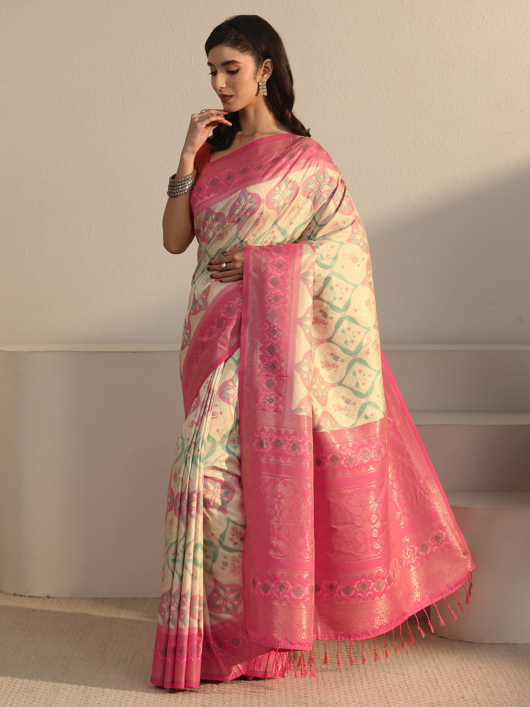 Libas Cream and Pink Ethnic Woven Design Silk Blend Tassel Saree