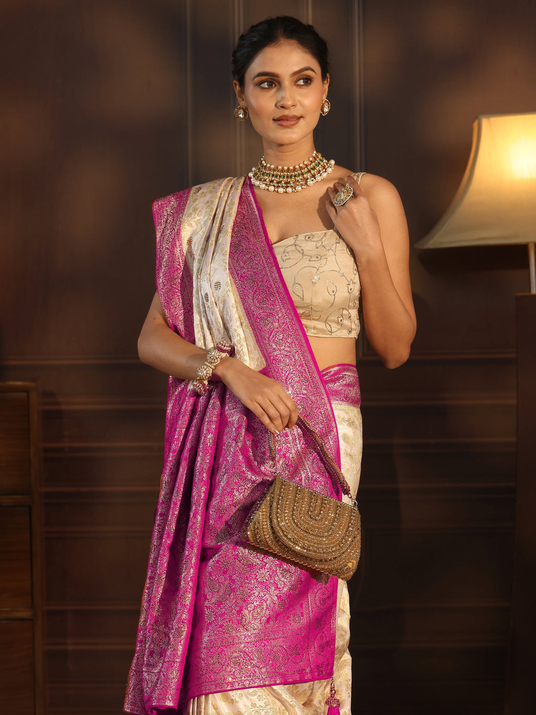 Libas Cream and Pink Floral Woven Design Silk Blend Saree