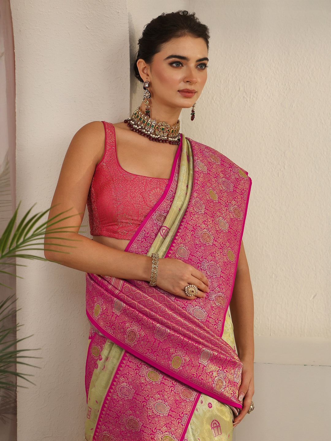 Libas Cream and Pink Floral Woven Design Silk Blend Saree