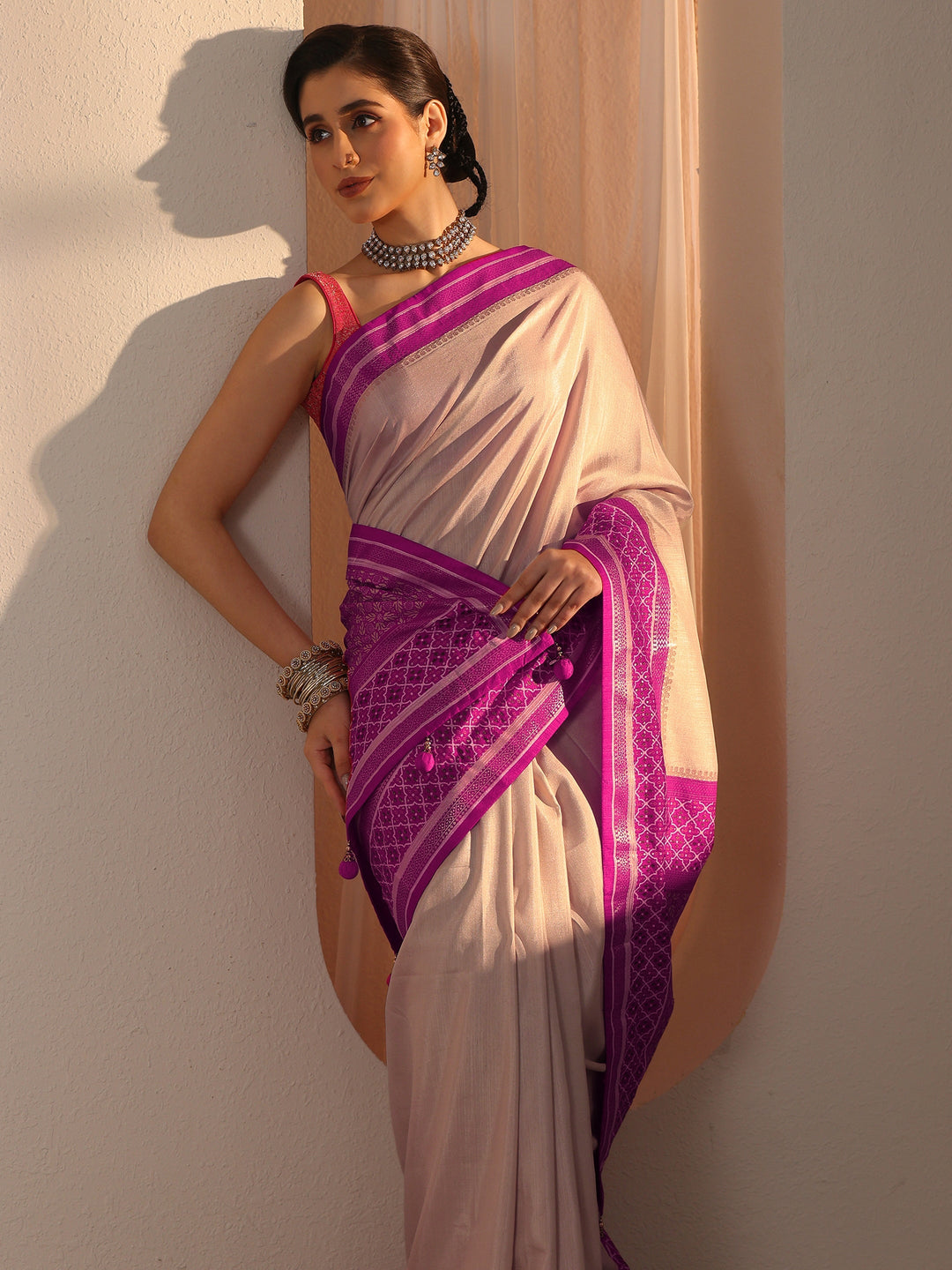 Libas Cream and Pink Silk Blend Saree with Printed Border