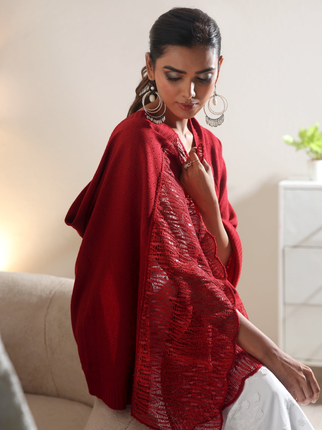  Libas Crimson Red Acrylic Wrap Shawl with Lace Border 