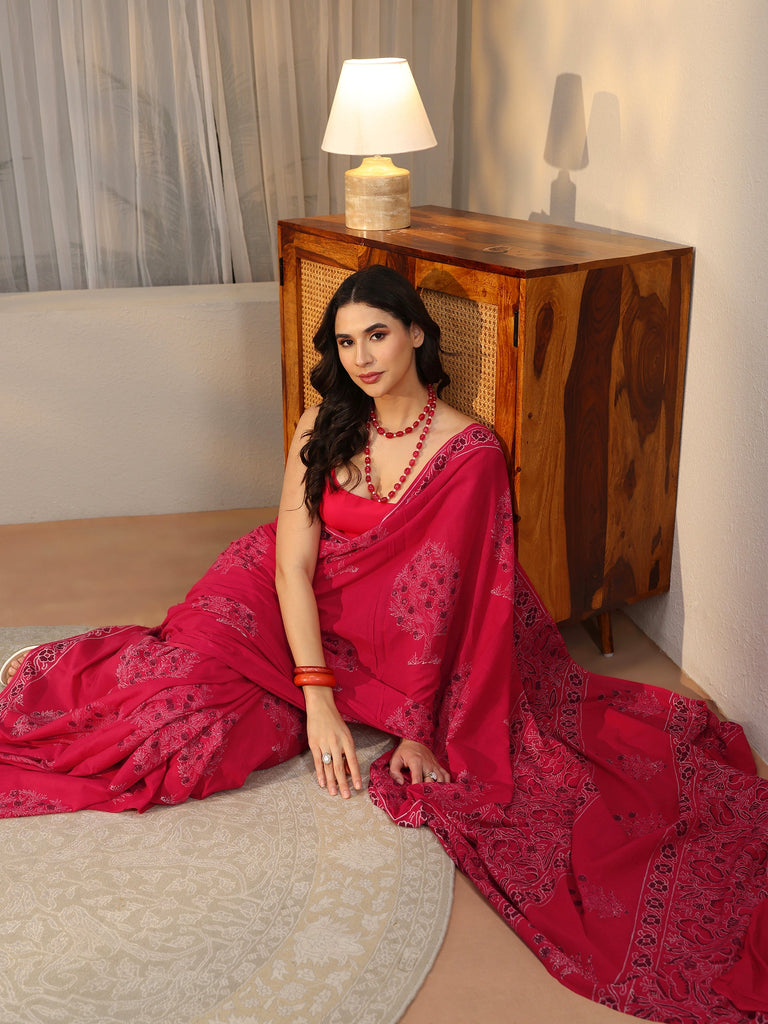 Libas Crimson Red Block Print Cotton Saree