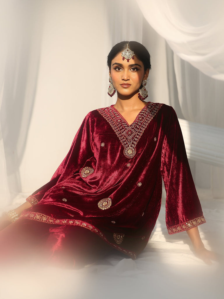 Libas Crimson Red Emellished Velvet Co-Ord Set