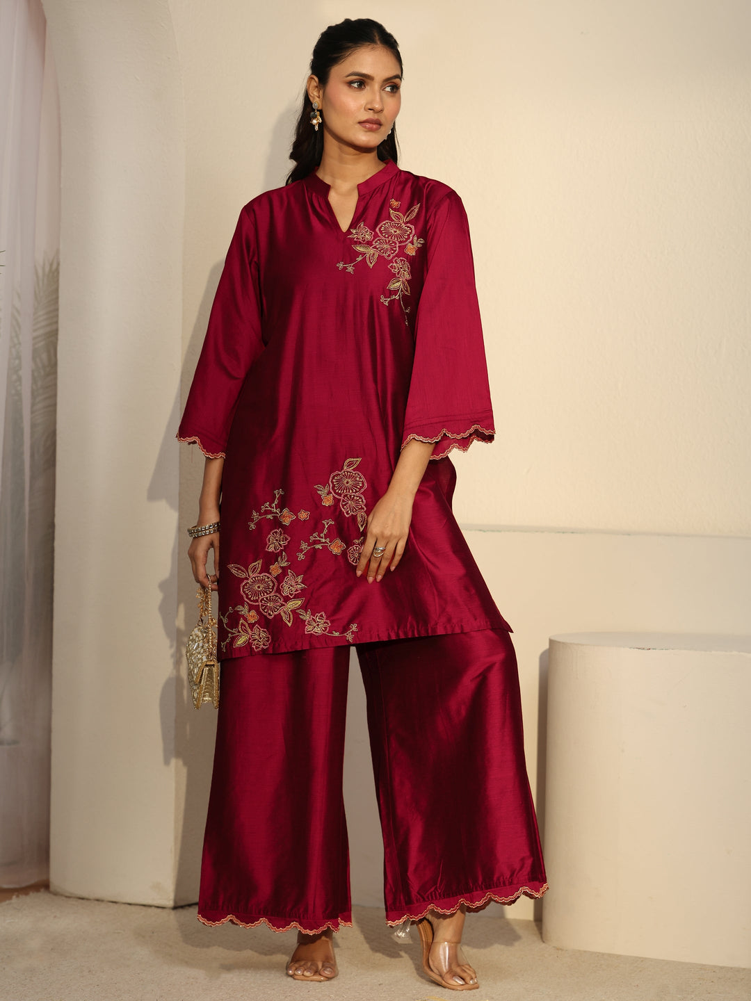  Libas Crimson Red Floral Embroidered Silk Blend Co-Ord Set 
