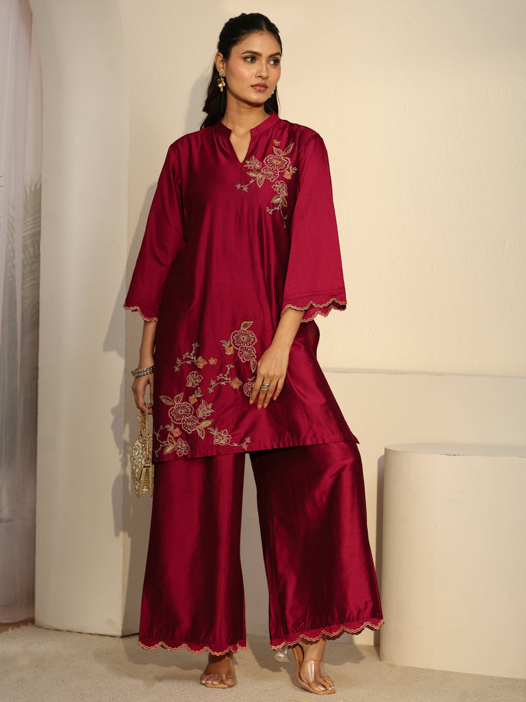 Libas Crimson Red Floral Embroidered Silk Blend Co-Ord Set