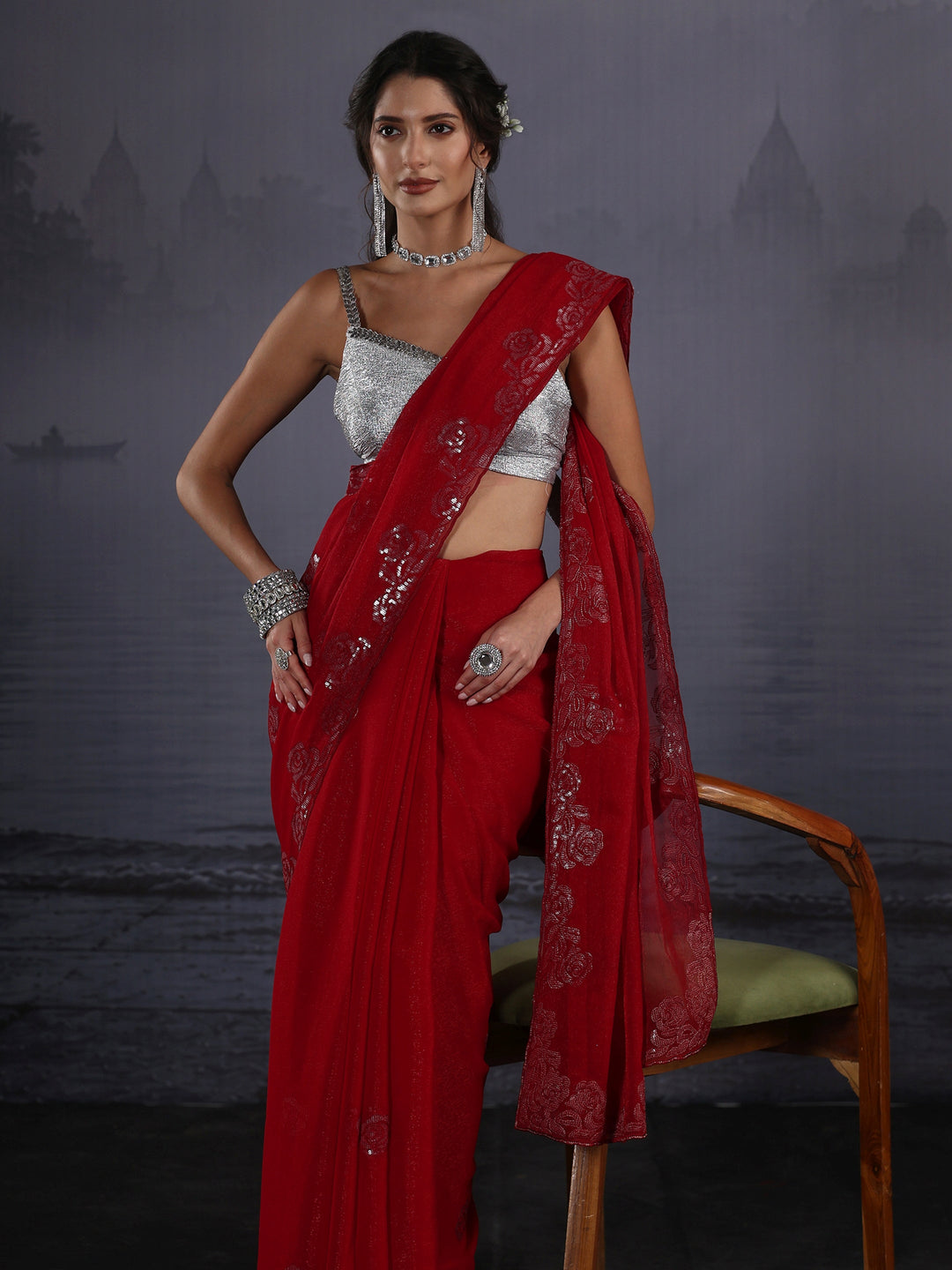 Libas Crimson Red Floral Sequin Embellished Tissue Saree