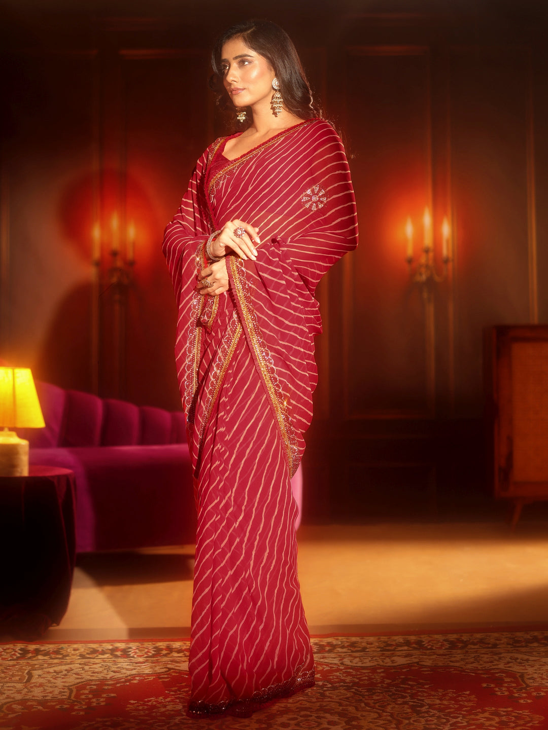  Libas Crimson Red Leheriya Printed Embellished Georgette Saree 