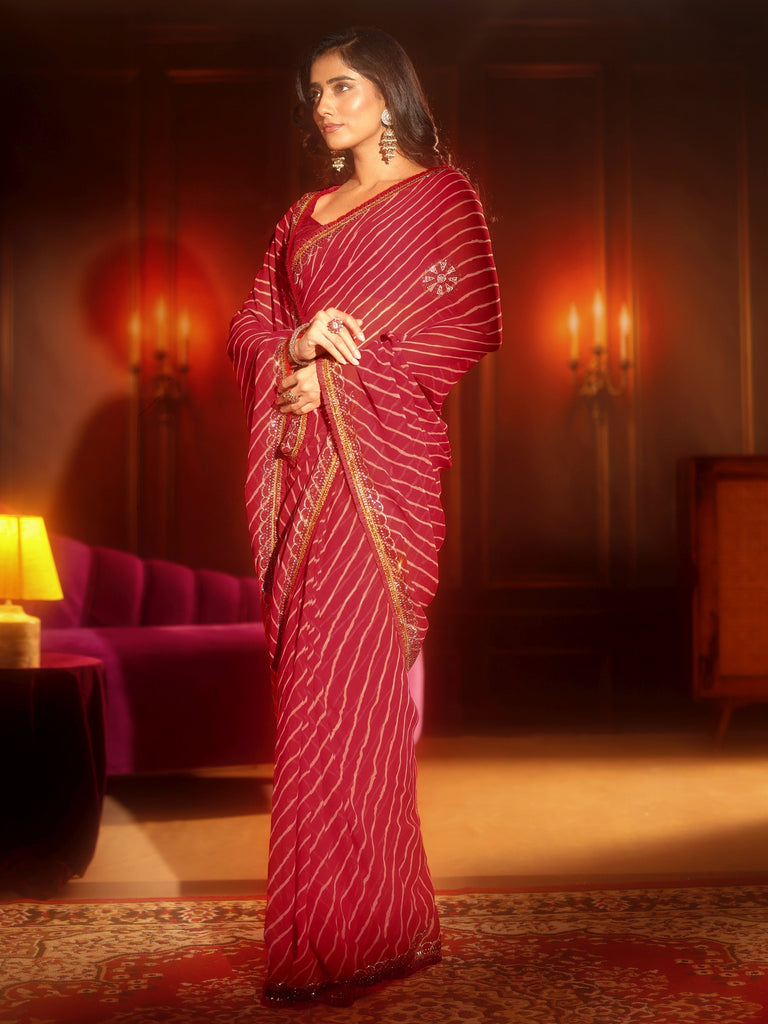 Libas Crimson Red Leheriya Printed Embellished Georgette Saree