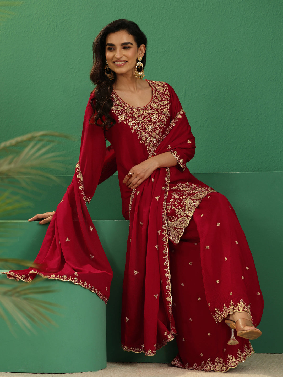  Libas Crimson Red Paisley Embellished Chinon Palazzo Suit Set 