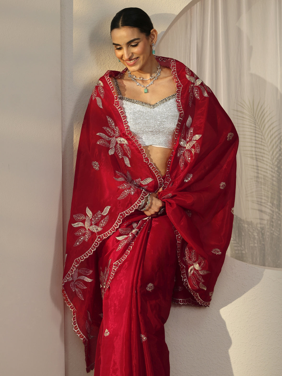  Libas Crimson Red Sequin Embellished Leafy Pattern Satin Saree 