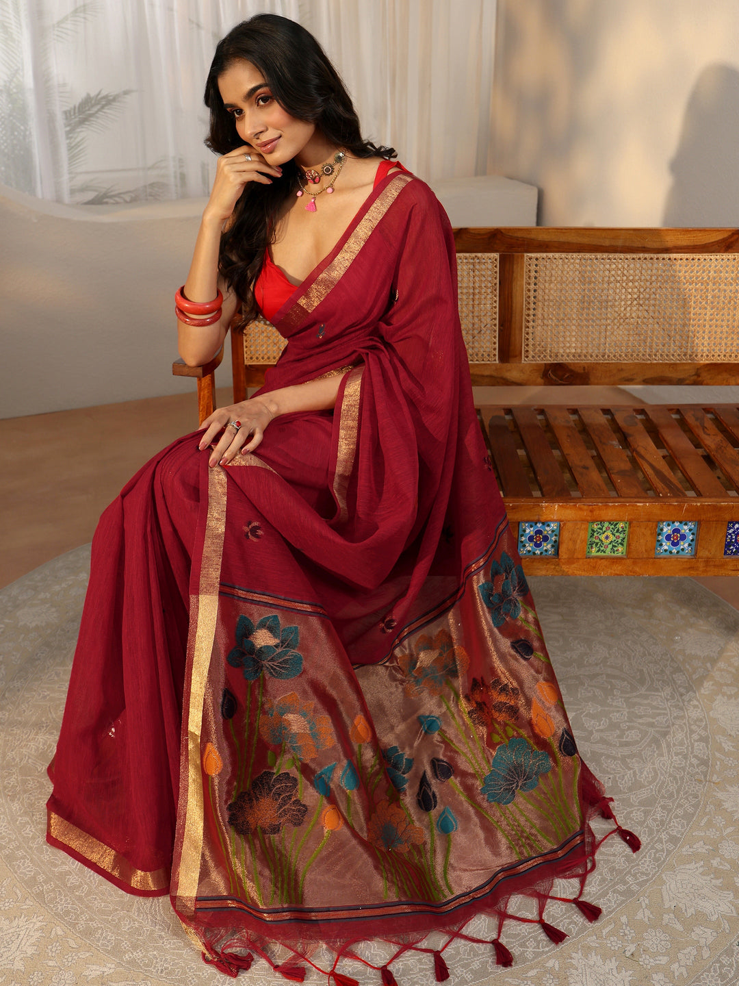  Libas Crimson Red Woven Design Floral Pallu Silk Blend Saree 