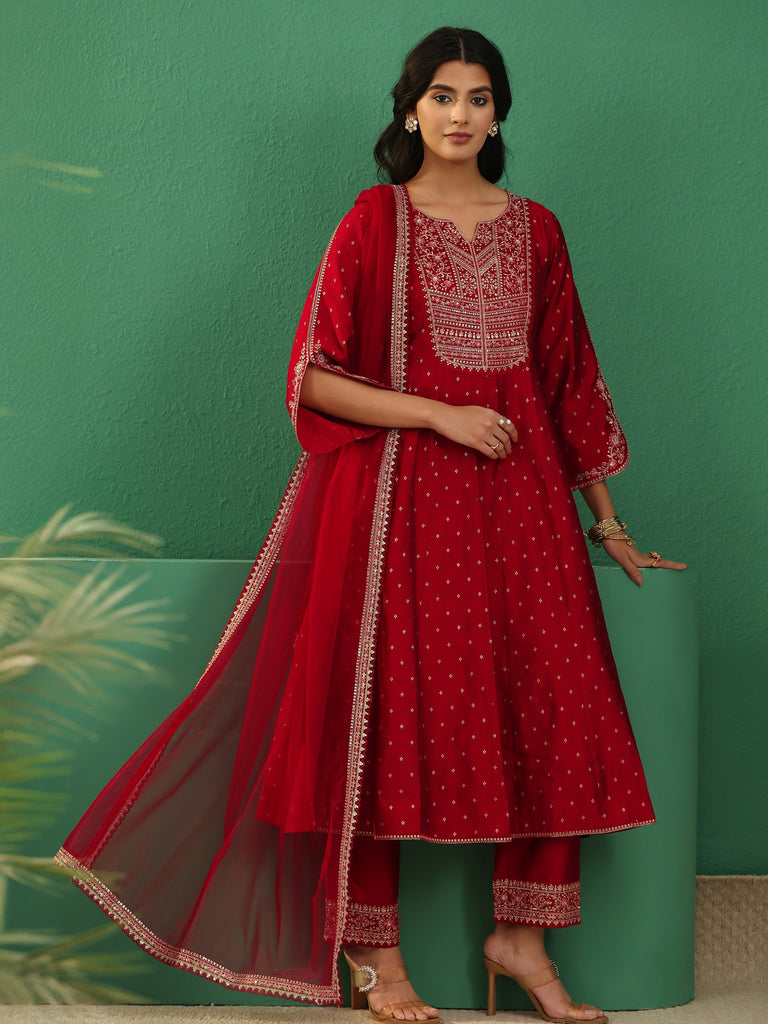 Libas Crimson Red Woven Design Silk Blend Anarakali Suit Set