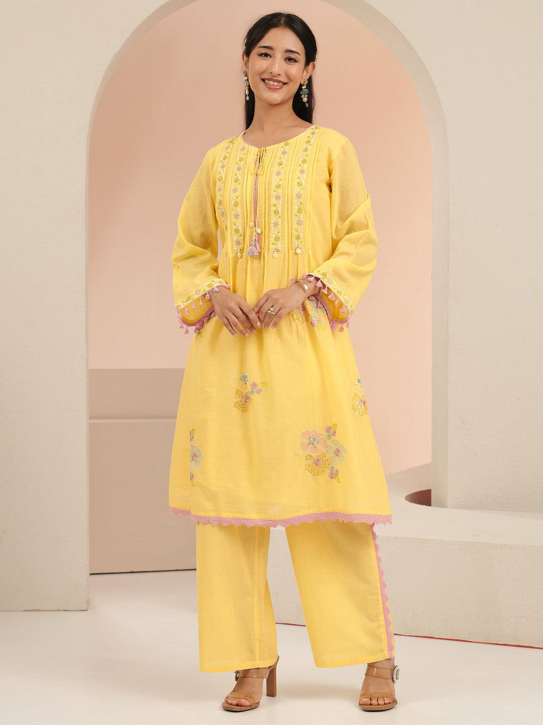  Libas Daffodil Yellow Floral Embroidered Cotton A-Line Kurta Set 