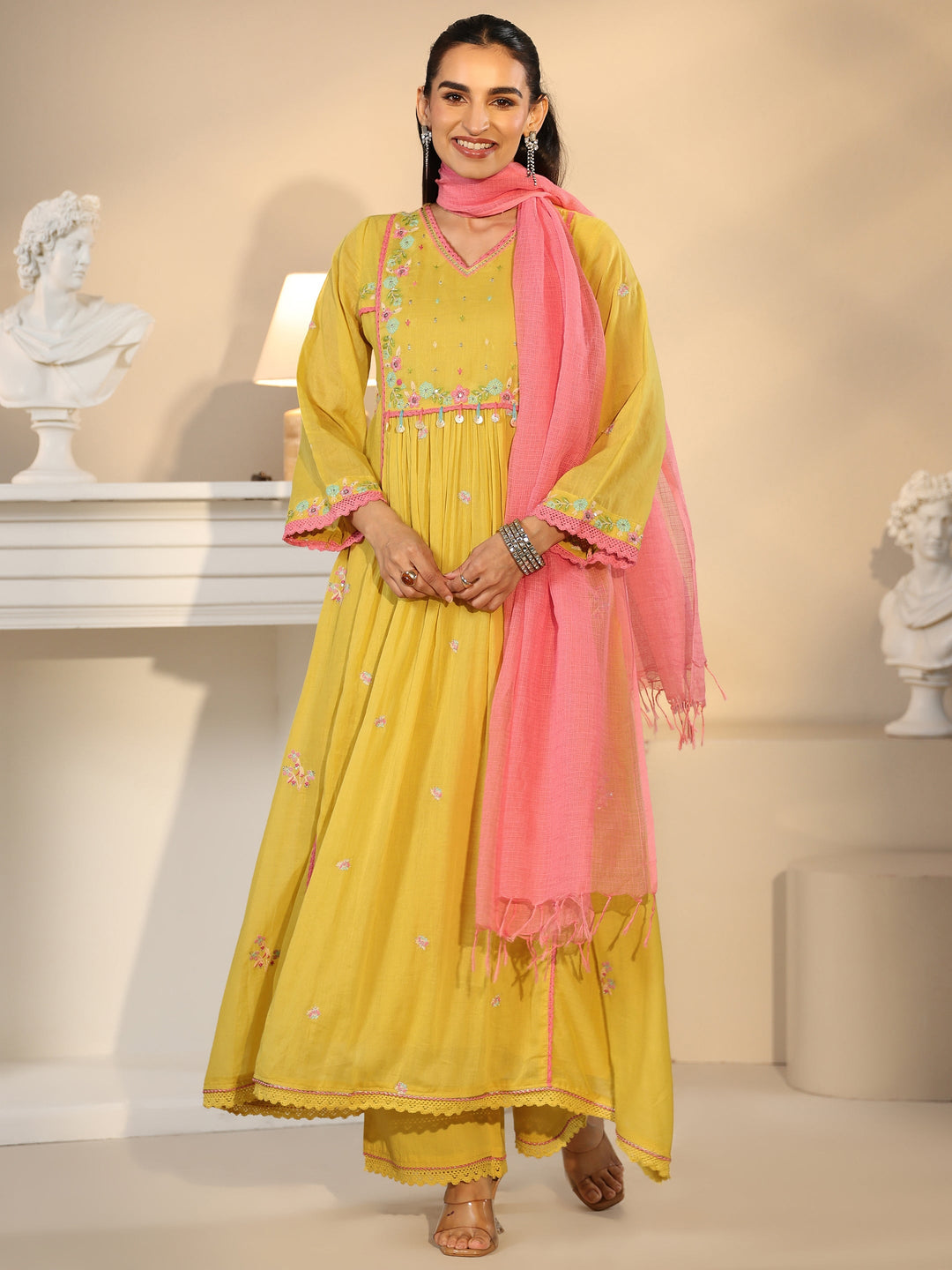  Libas Daffodil Yellow Floral Embroidered Cotton Anarkali Suit Set 