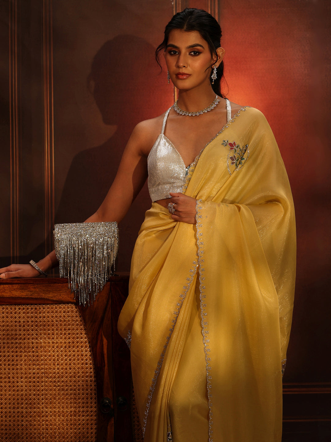  Libas Daffodil Yellow Tissue Saree with Embellished Border 