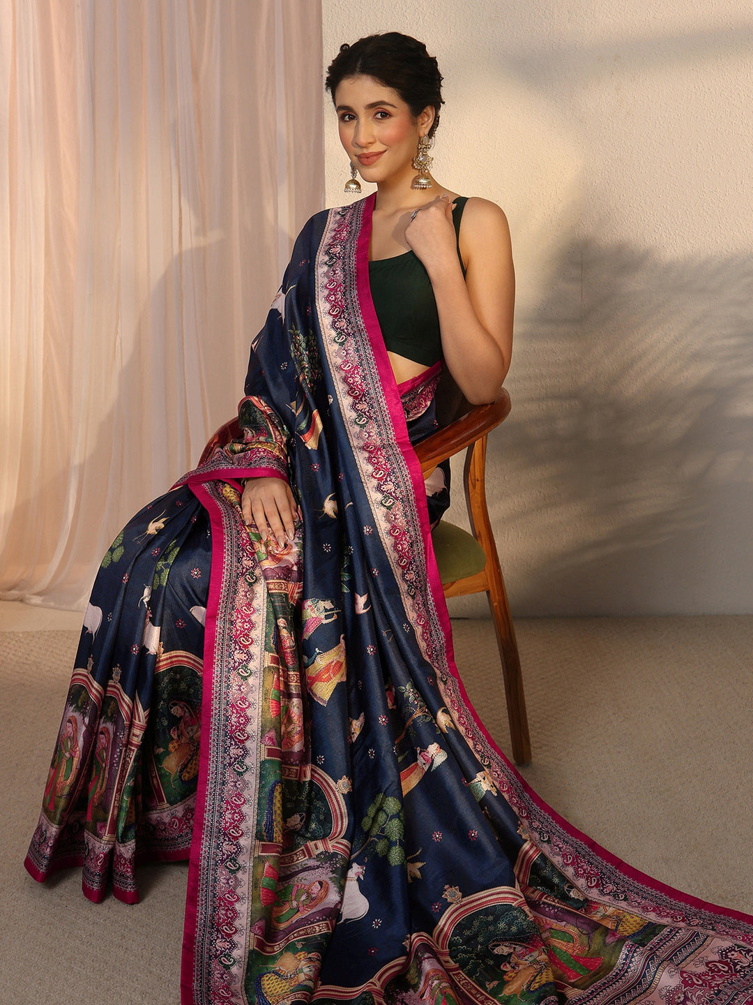  Libas Dark Blue Pichwai Digital Print Silk Blend Saree 