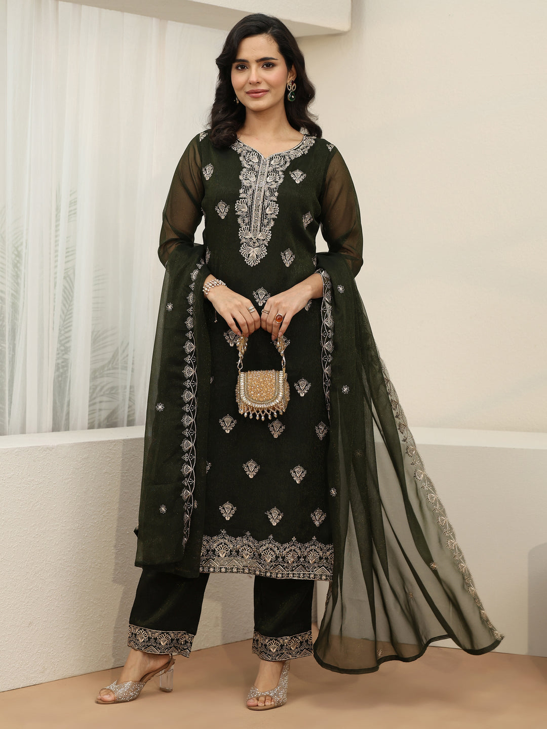  Libas Dark Green Embroidered Chinon Straight Suit Set 