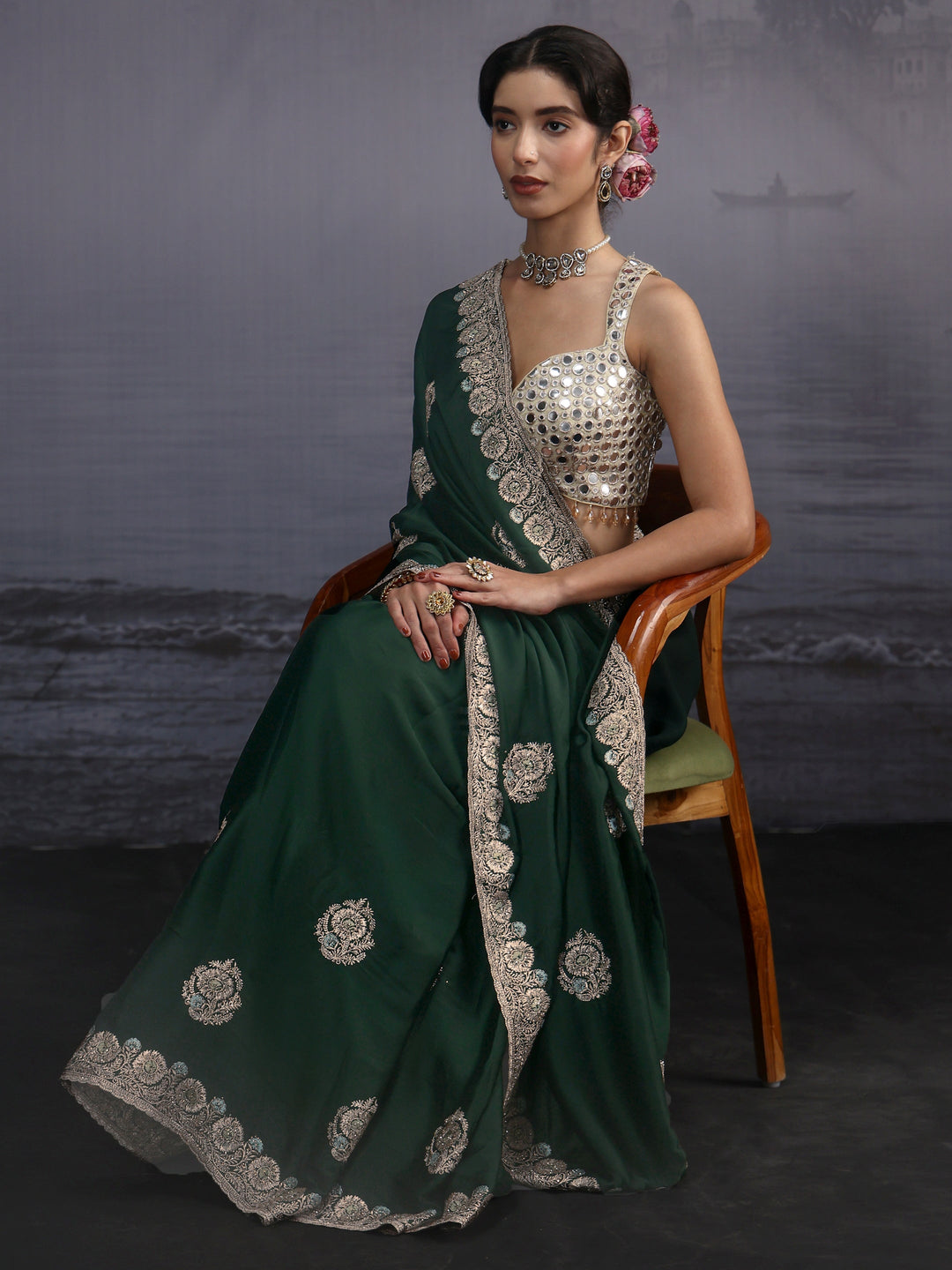 Libas Dark Green Floral Embroidered Satin Saree 