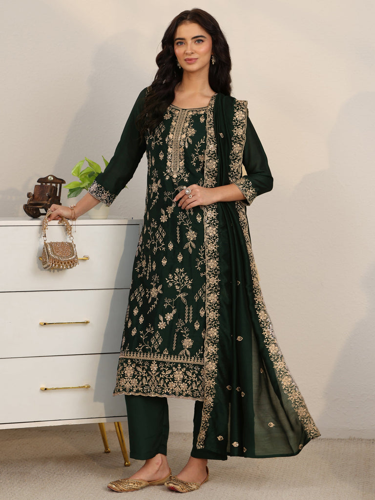 Libas Dark Green Floral Embroidered Silk Blend Straight Suit Set