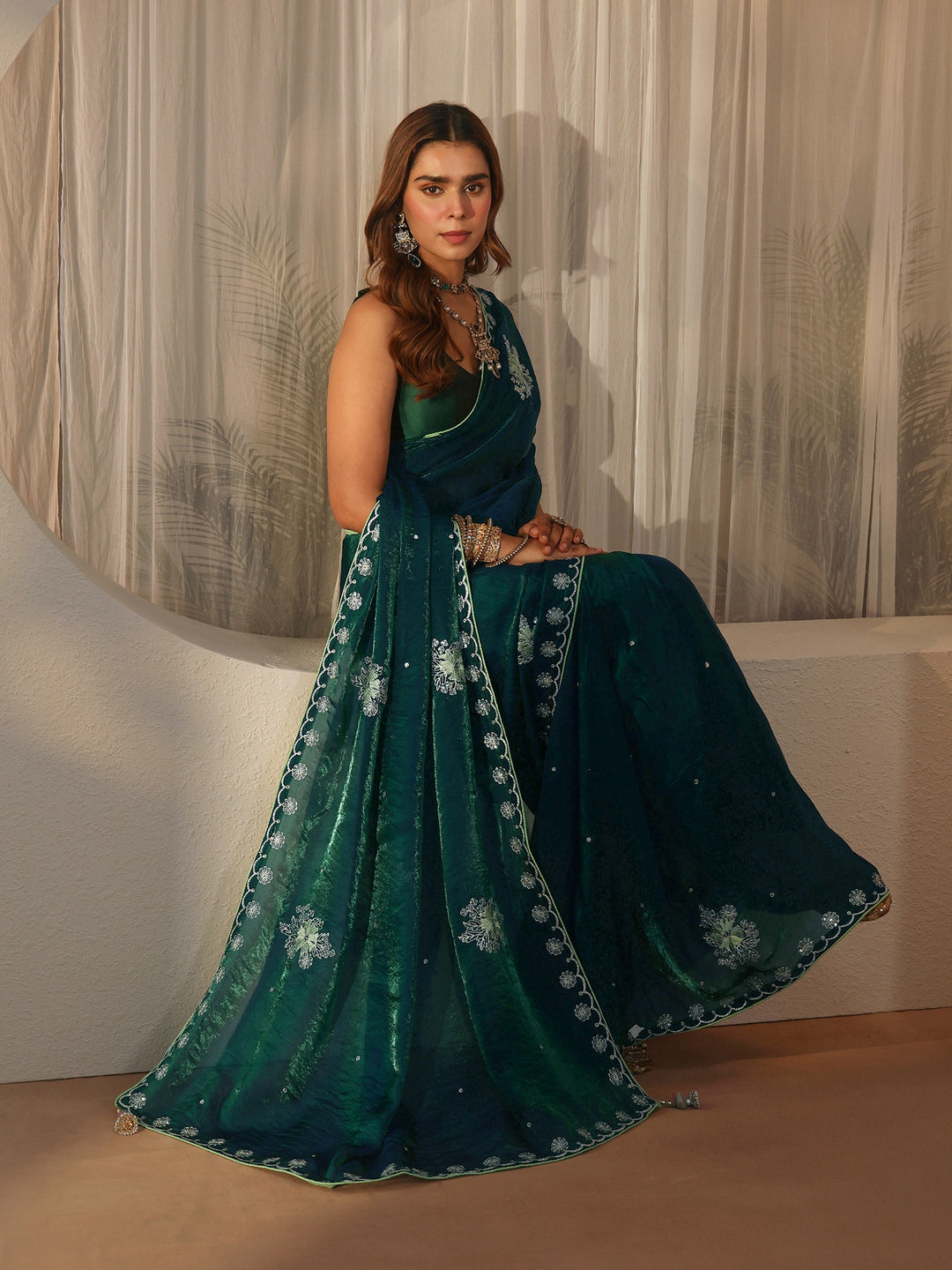  Libas Dark Green Floral Embroidered Tissue Saree 