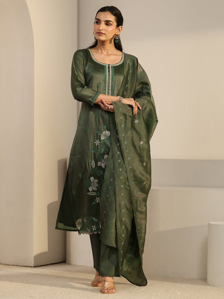 Libas Dark Green Floral Embroidered Tissue Straight Suit Set