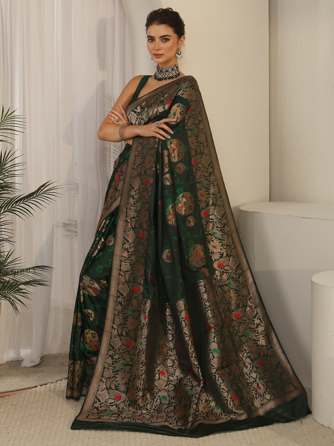 Libas Dark Green Floral Woven Design Satin Saree