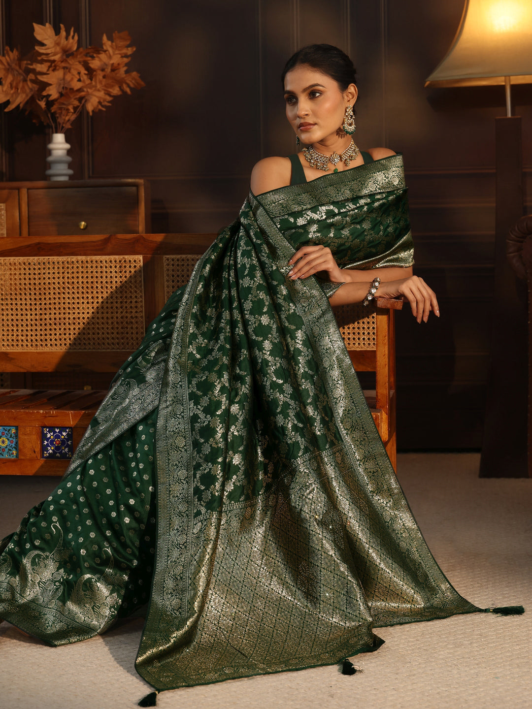 Libas Dark Green Floral Woven Design Tissue Saree