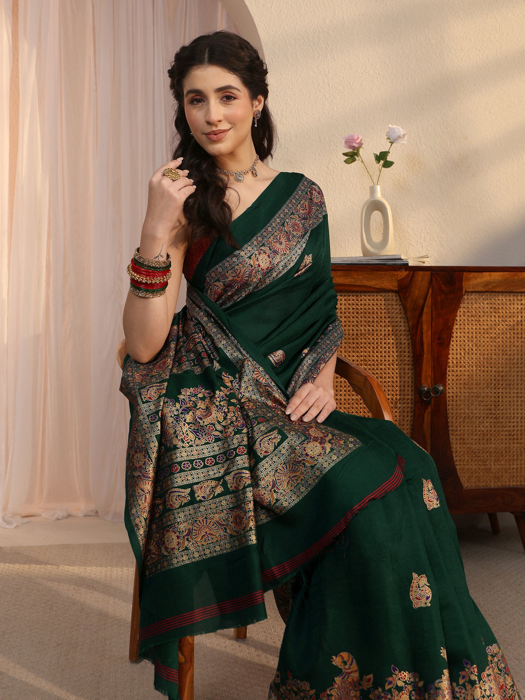 Libas Dark Green Peacock Printed Silk Saree