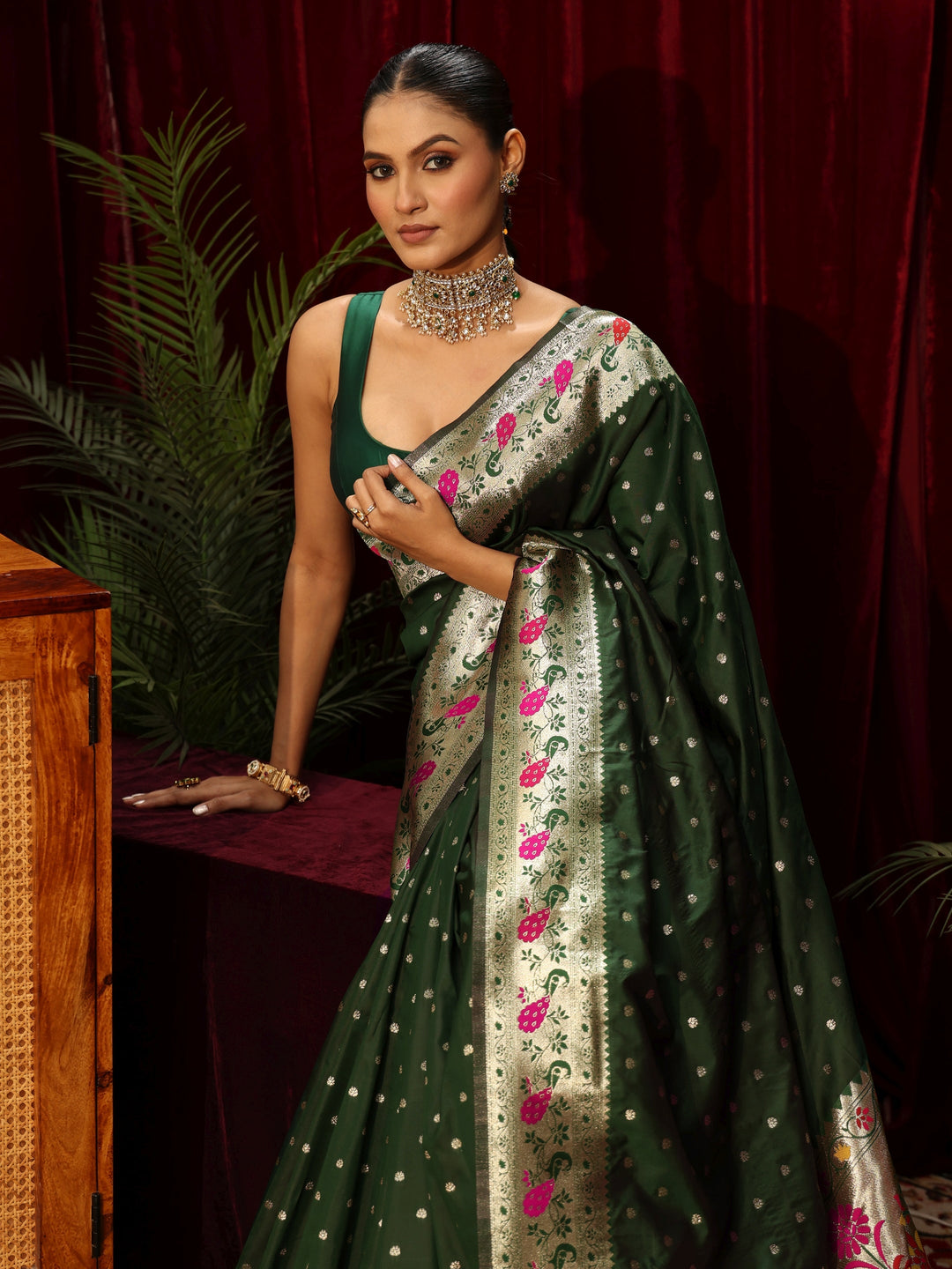 Libas Dark Green Silk Blend Paithani Saree
