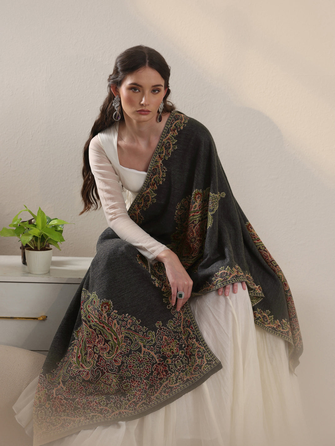  Libas Dark Grey Ethnic Knitted Acrylic Wrap Shawl 
