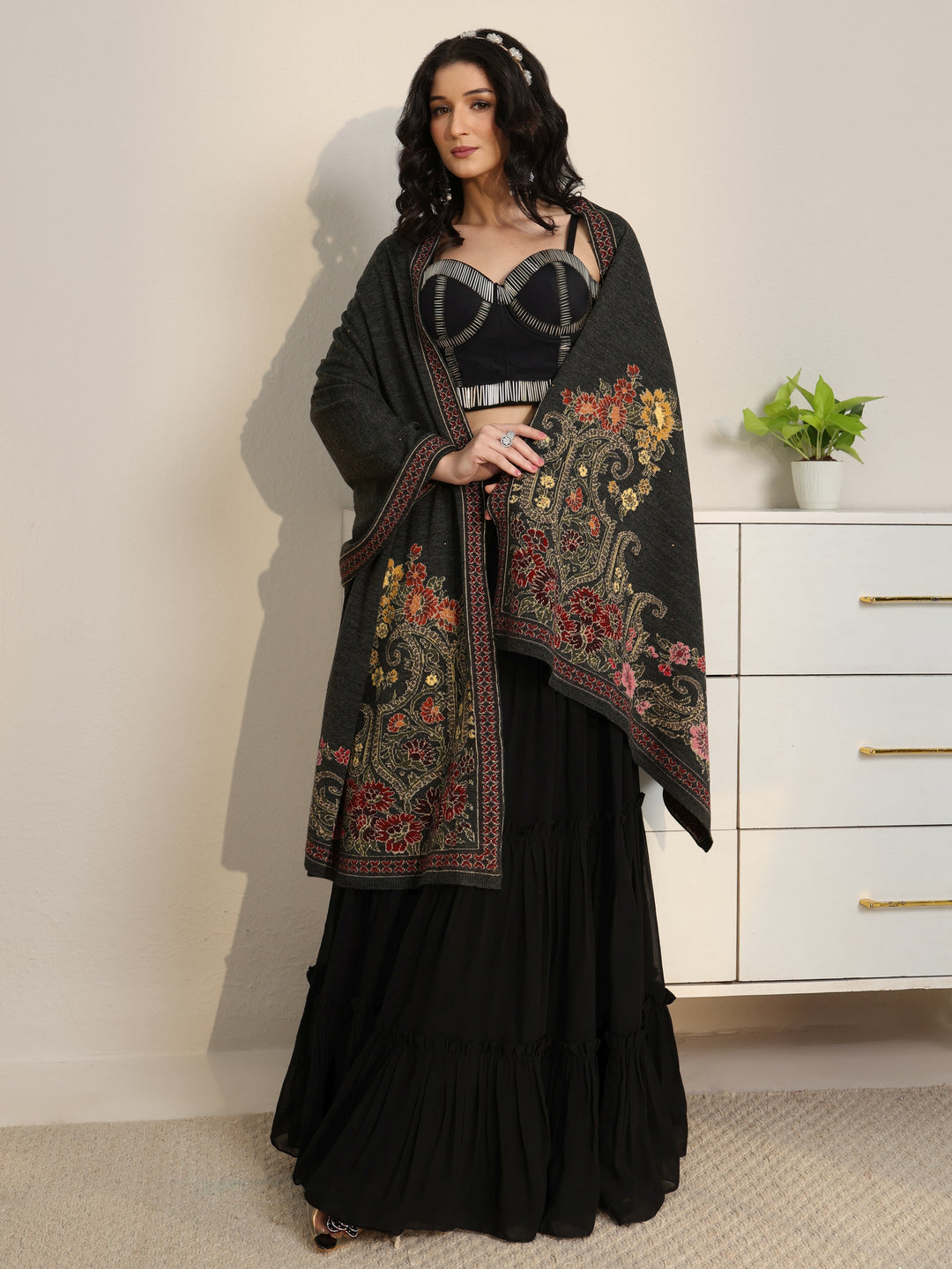  Libas Dark Grey Floral Knitted Acrylic Wrap Shawl 